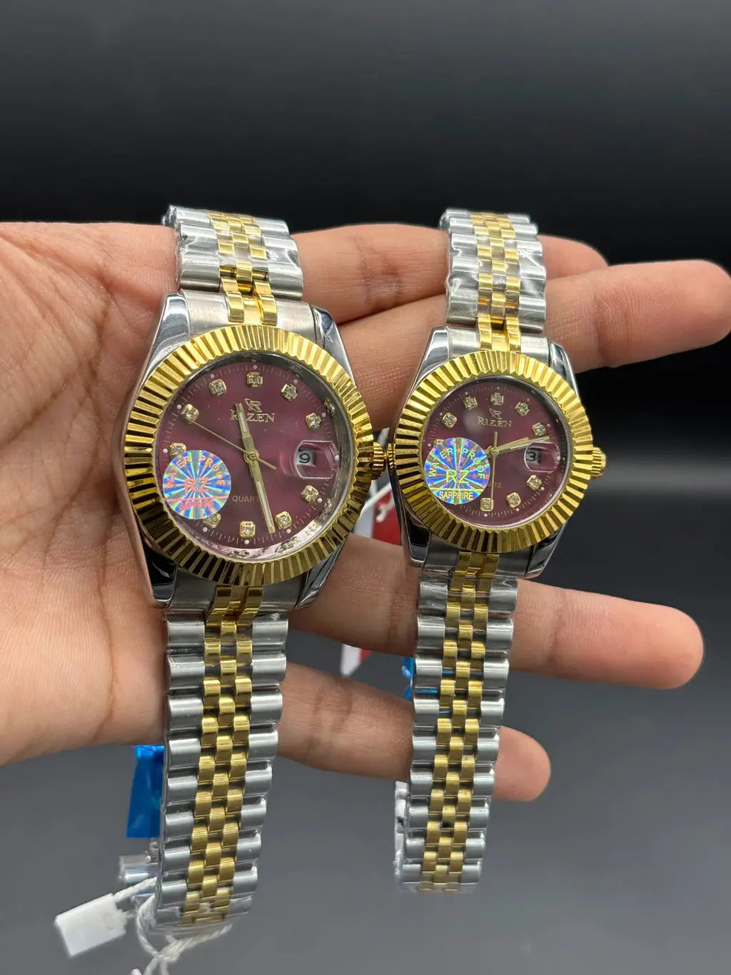 RIZEN Gold & Silver Couple Watch Set – Burgundy Dial | Premium Date Display ZS BRAND