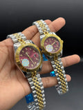 RIZEN Gold & Silver Couple Watch Set – Burgundy Dial | Premium Date Display ZS BRAND