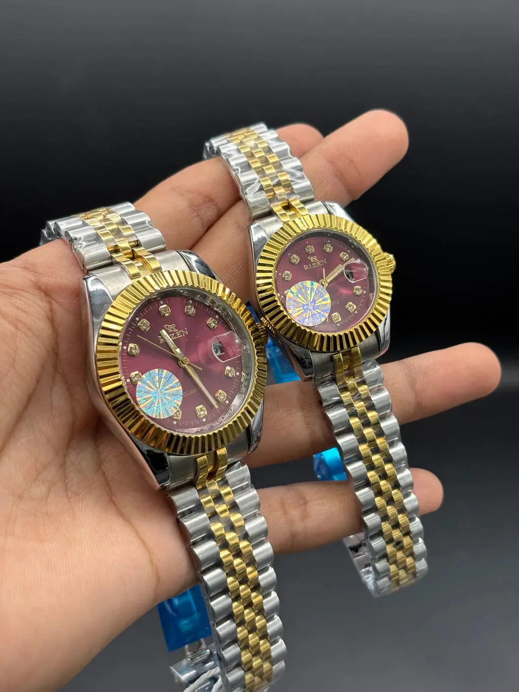 RIZEN Gold & Silver Couple Watch Set – Burgundy Dial | Premium Date Display ZS BRAND