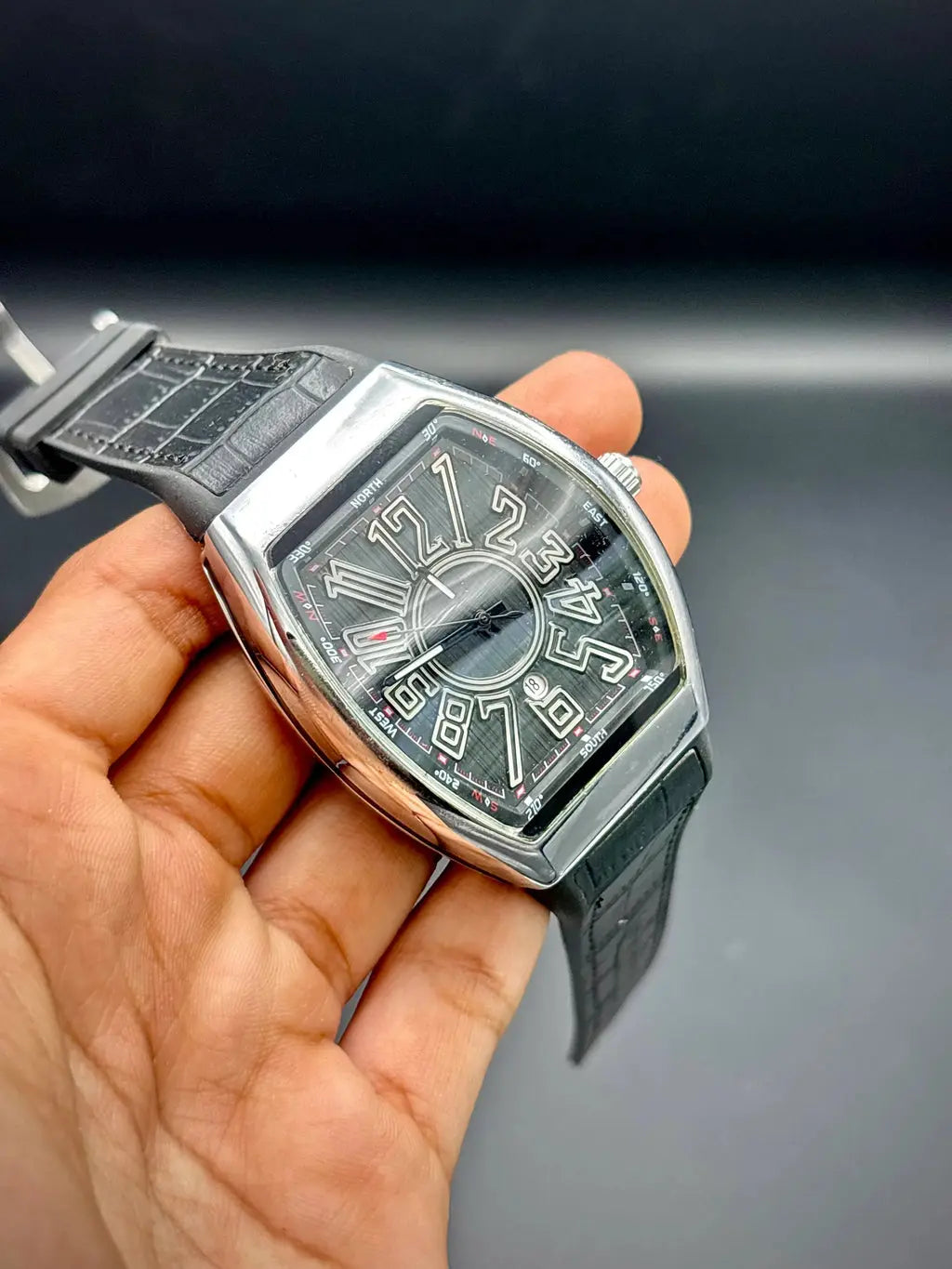 Franck Muller – Black Dial with Silver Case & Black Leather Strap ZS BRAND